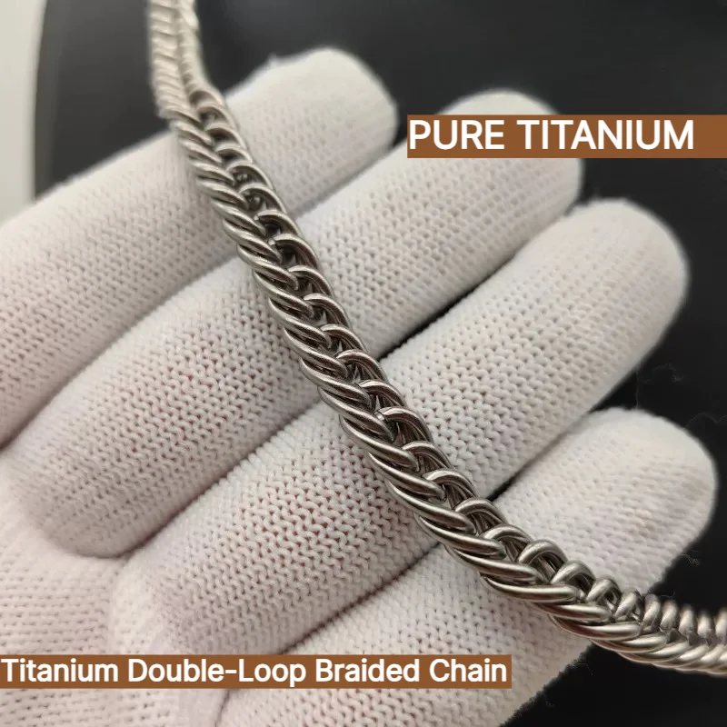 New 7mm Pure Titanium Bracelet for Men, Fashion Double-Ring Woven Chain, Lightweight Skin Friendly Titanium Link Chain Accessory