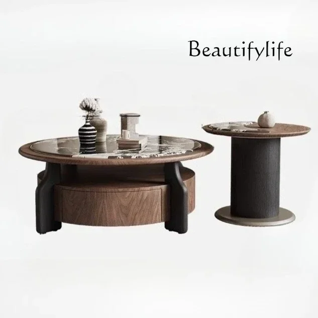 

Light luxury high-end retro wind microcrystalline stone round living room modern coffee table TV cabinet small apartment