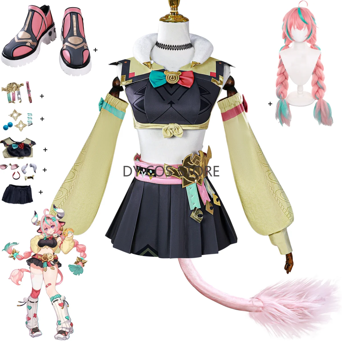 

Game Varesa Cosplay Costume Teteocan Collective of Plenty Owner Yellow Tops Skirt Uniform Wig Shoe Woman Cute Party Carnival Set