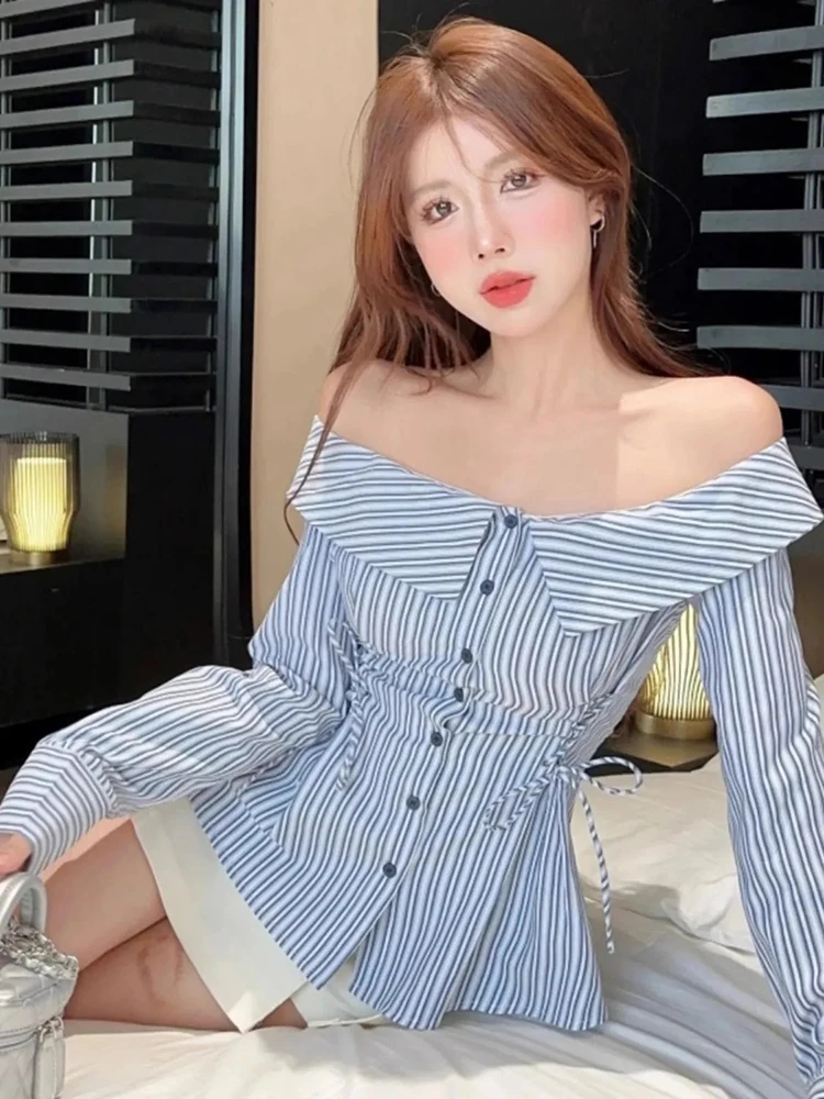 

Chic Striped Hottie Shirt Women Slash Neck Off Shoulder Sweet Slim Fit Blouse Spring Fall Long Sleeve Lace Up Shirring New Tops
