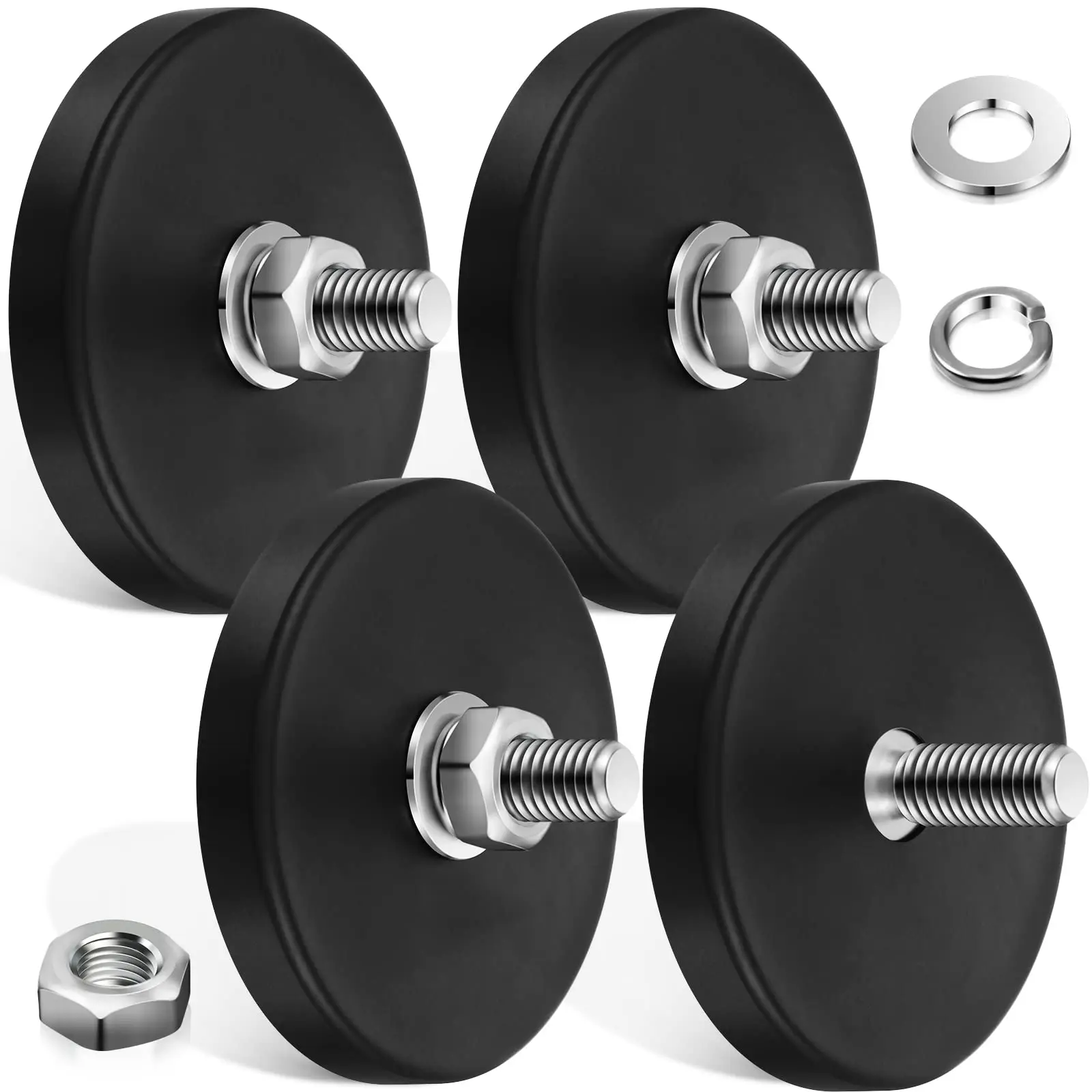C66 Rubber Coated Magnets, Neodymium Magnet Base with M8 Threaded Studs and Nuts, Mount Base with Black Rubber Coating