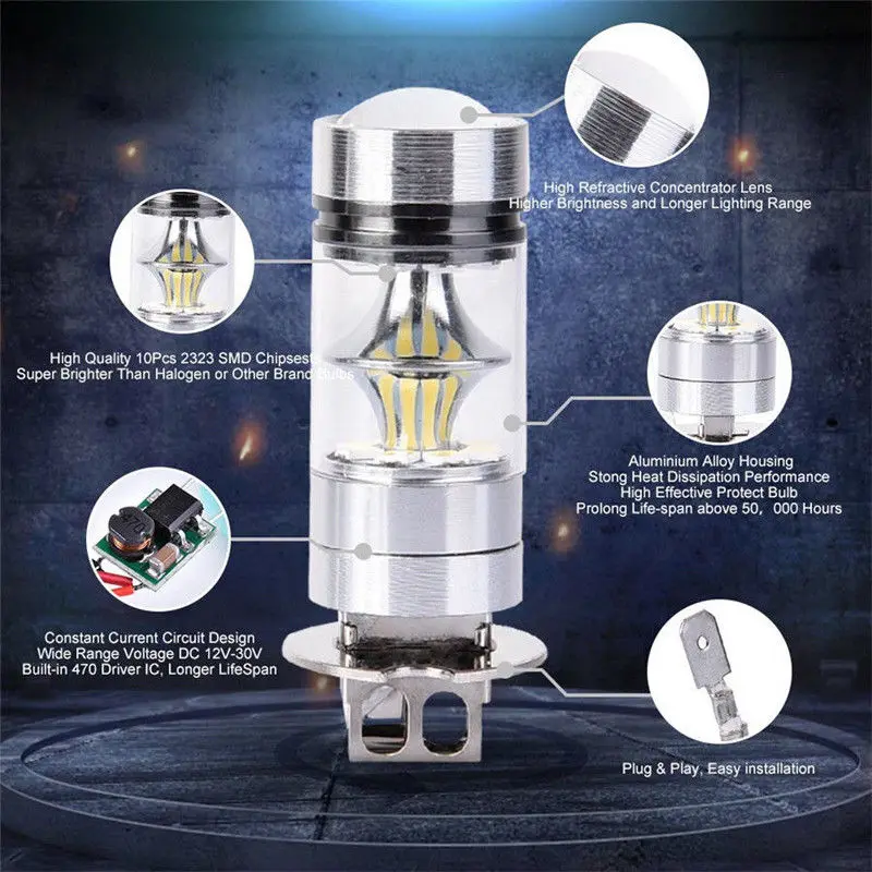 2pcs H3 Led Car CSP LED Fog Headlight Bulbs 3000K 6000K White 12000K Auto Fog Lamp Day Running Light