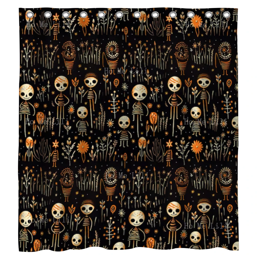 Happy Halloween Cute Skeletons Naive Art Doodle Icons Pumpkins Ghost Seamless Pattern Design Fabric Shower Curtain Home Decor