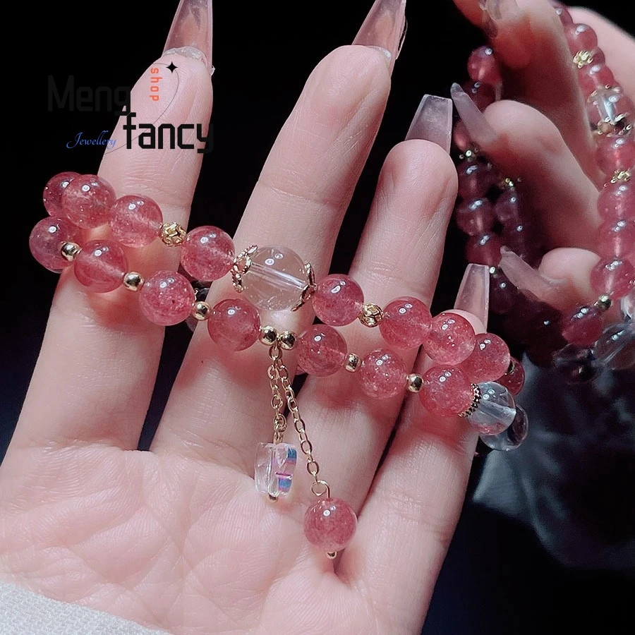 Simple Temperament Double Circle Strawberry Crystal Bracelet Female Summer White Crystal Lucky Beads Butterfly Tassel Jewelry