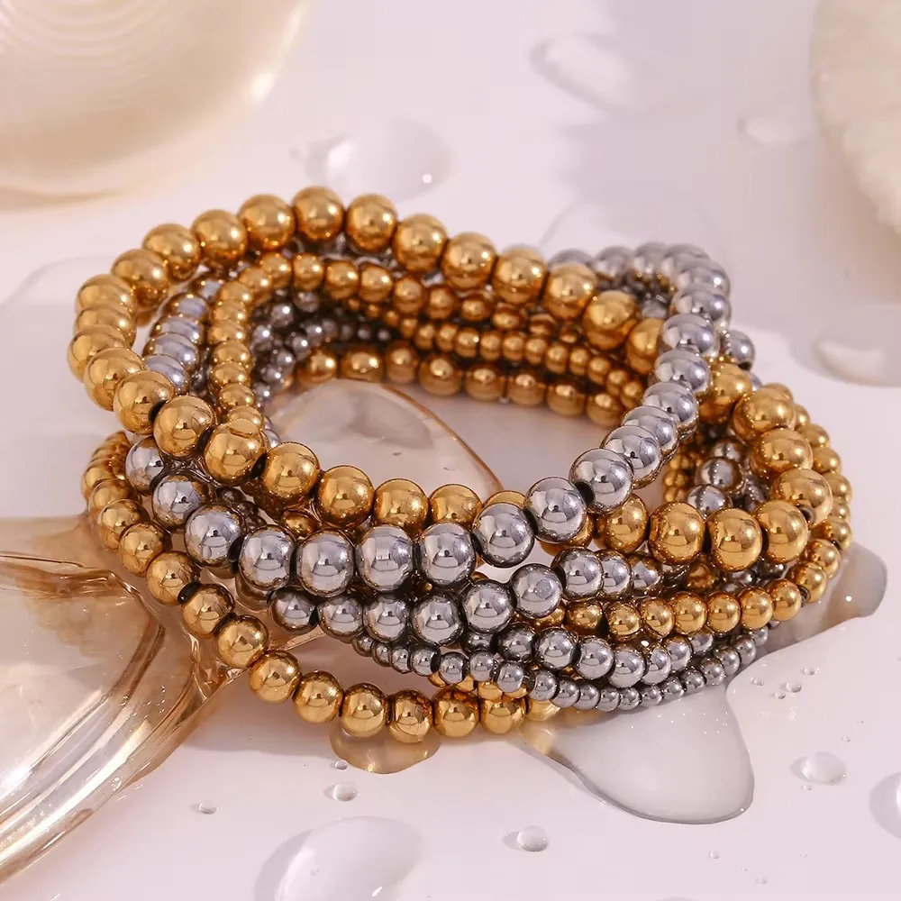 E.B.belle Waterproof Stacked 3mm 4mm 5mm 6mm Beads Elastic bracelets stainless steel women\'s jewelry Daily Accessories gift