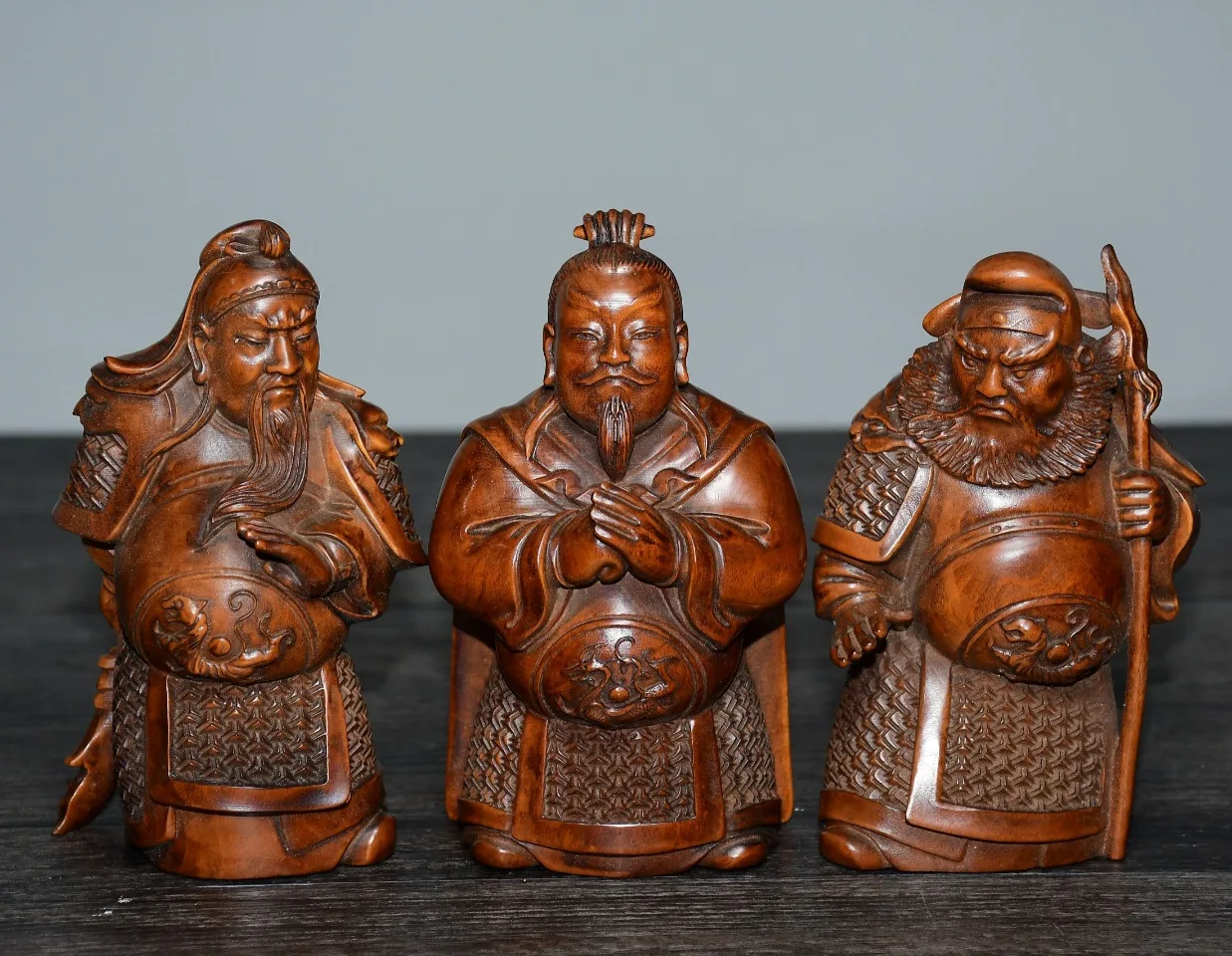 4"Old Boxwood carve Liu Bei, Guan Yu, Zhang Fei statue The Oath of the Peach Garden Amass wealth Ornaments