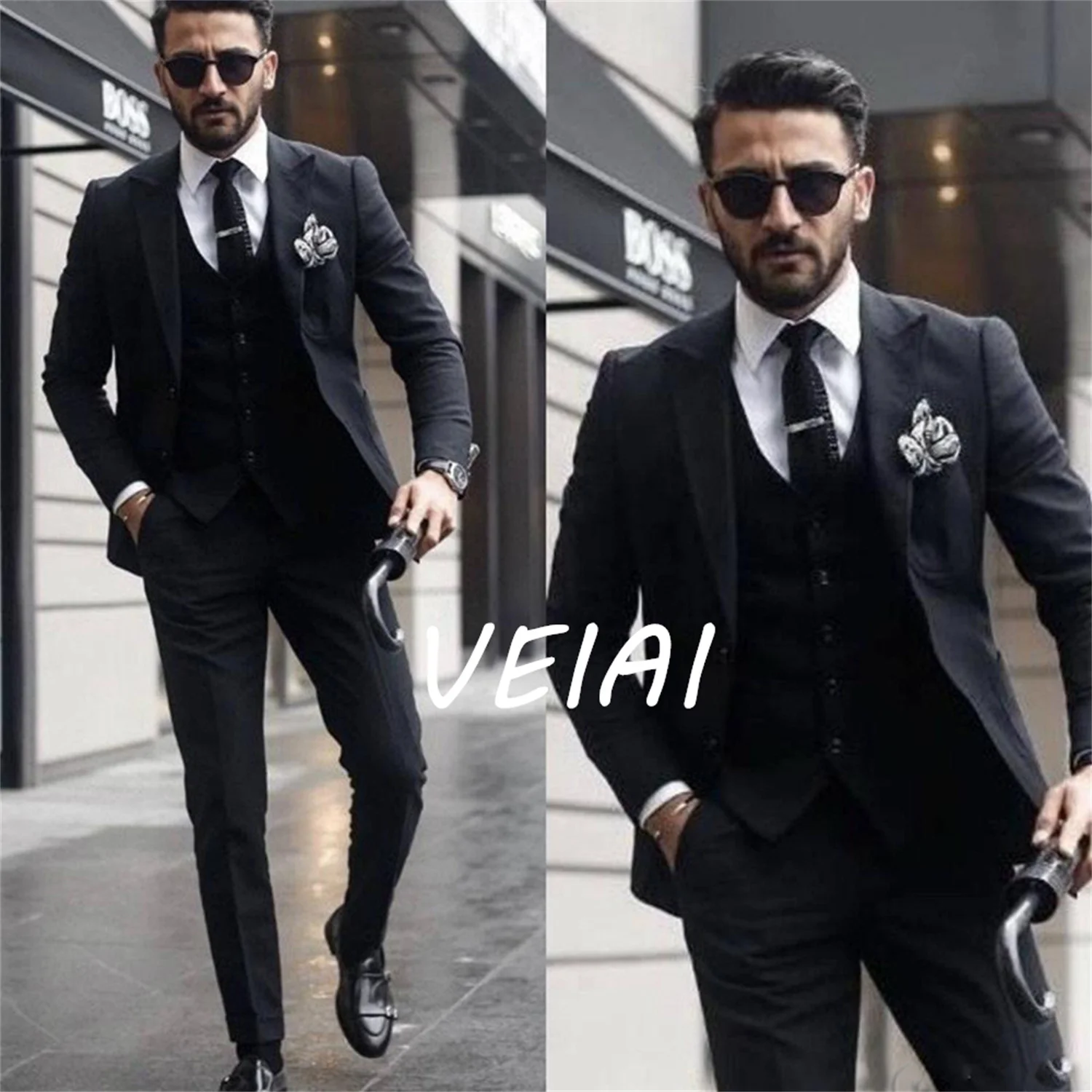 

Boss Men Suits for Wedding Lapel Gentle Groom Wear Slim Fit Groomsmen Wedding Tuxedos 3 Piece Jacket Pants Vest Best Man Blazer