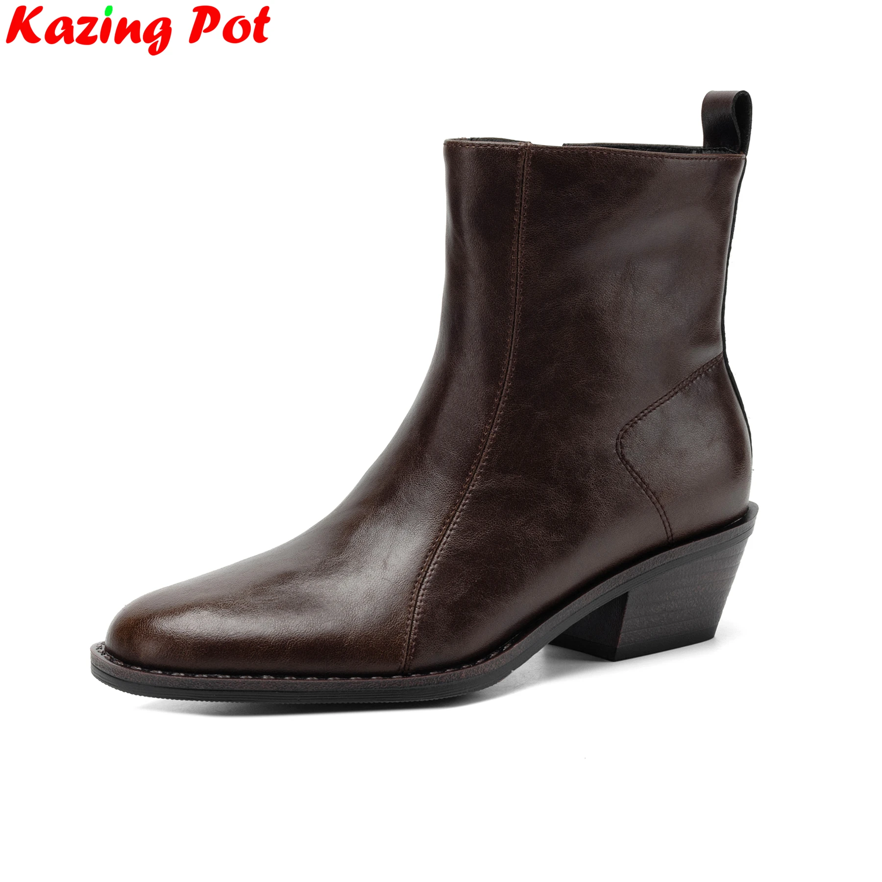 Plus Size 34-42 Cow Skin Round Toe Med Heels Zipper Modern Boots Warm Winter Shoes Dating Concise Mature Retro Lady Ankle Boots