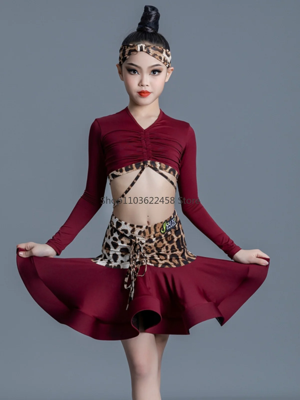 Latin Dance Costume Girls Latin Dance Dress Leopard Cha Cha Rumba Tango Dance Skirt Girls Performance Kid Latin Practice Clothes