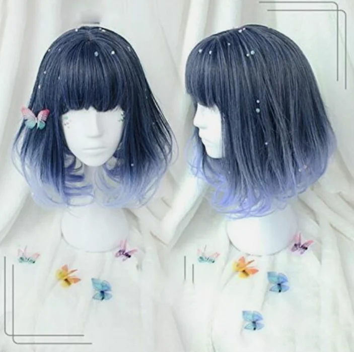 New Lolita Ombre Blue Wigs Cosplay Straight Mid-Long Heat Resistant Hair Wigs