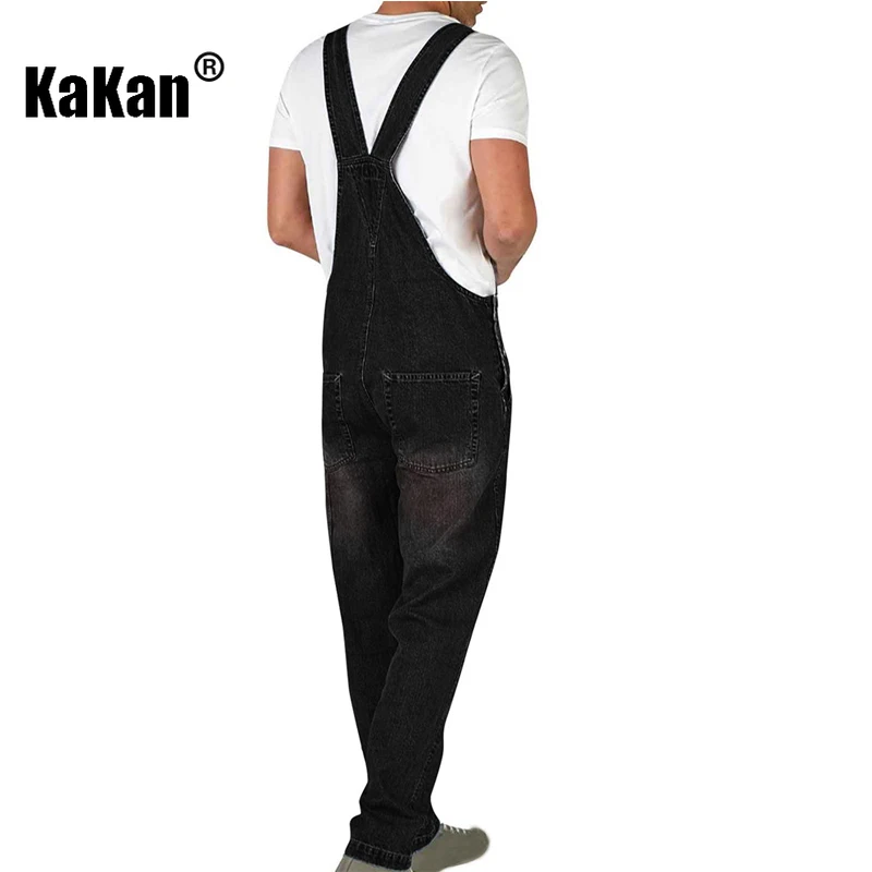 Kakan - Men's Retro Small Foot One Piece Long Jeans, Solid Color Large Size Personalized Strap Jeans