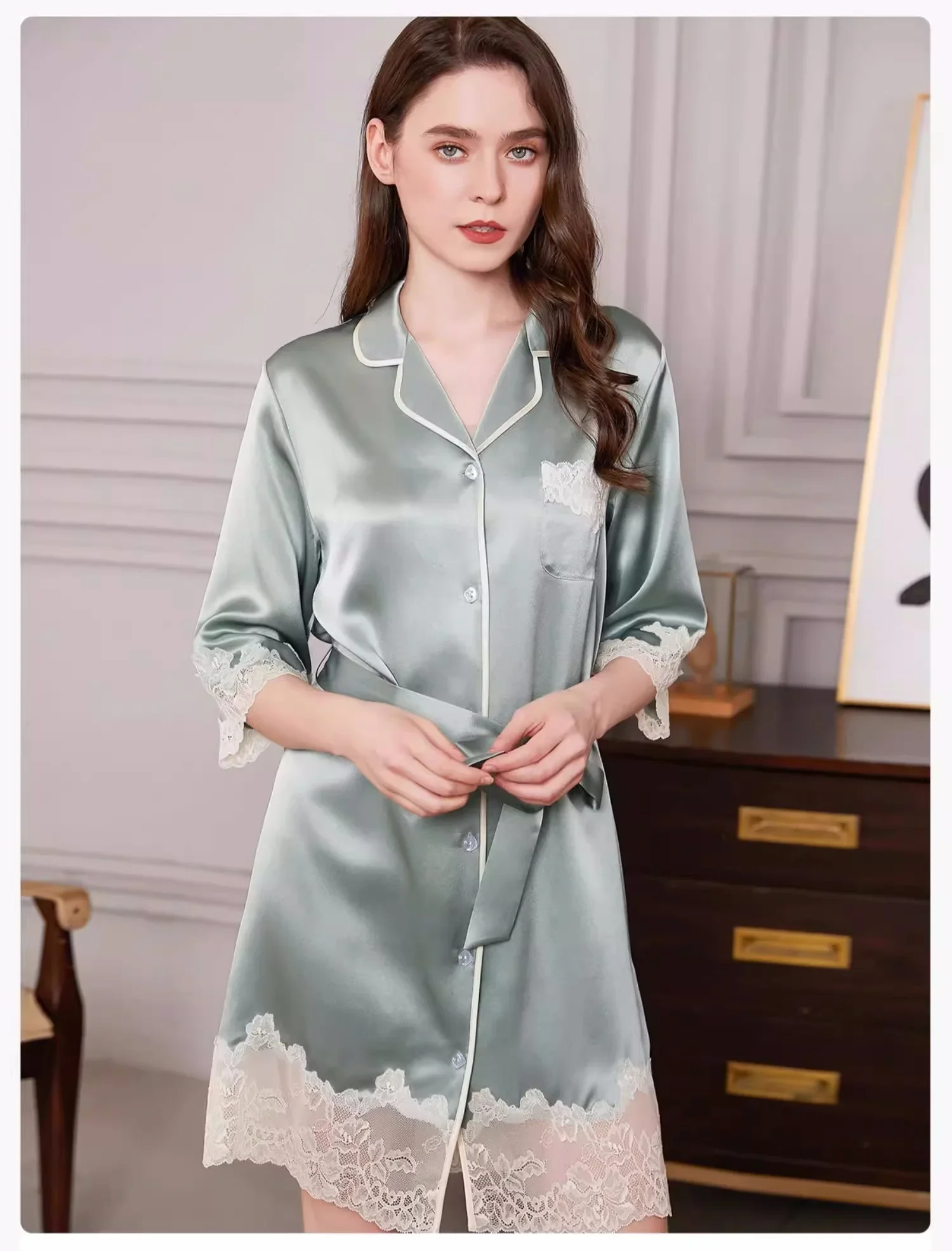 100% Mulberry Silk Nightgowns for Women Sexy Lace Trim Ladies Sleepwear Nightwear Dress for Girls Summer Real Silk Pajama Dress