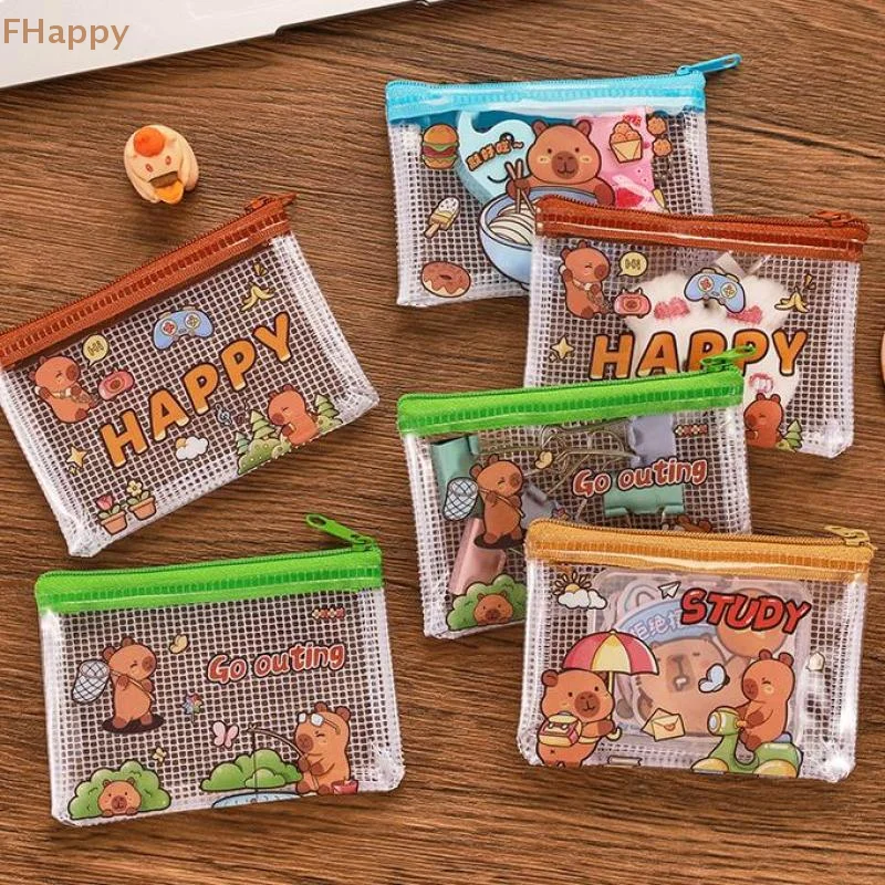 2 個かわいいカピバラコイン収納袋透明メッシュジッパー小銭入れ漫画財布ポータブル防水クリアバッグギフト