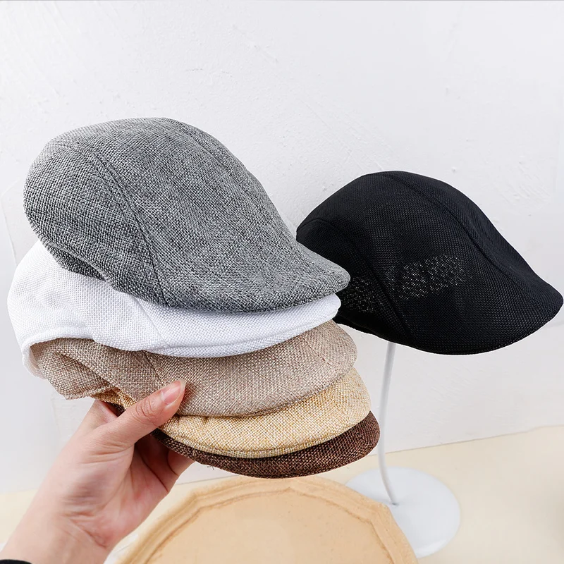 Men Summer Breathable Berets Soft Cotton and linen Hat Windproof Street  Beret Hat Retro England Hats Peaked Painter Caps