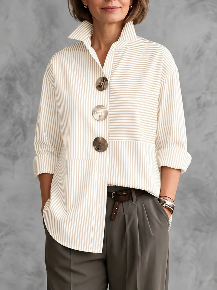 UOOZEE Women's Striped Asymmetrical Lapel Blouse 2026 New Trendy Long Sleeves Big Decorative Button Loose Casual Commuter Shirts