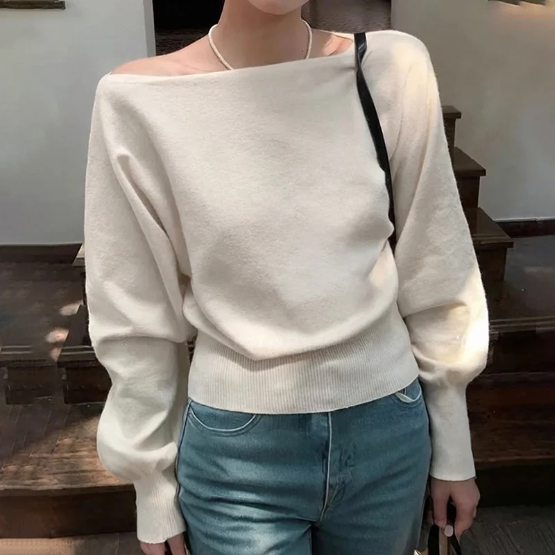 Women Pullover Off Shoulder Knit Sweater Boat Neck Long Sleeve Plain Jumper Crop Tops Knitwear Autumn Winter Lady Casual Chic