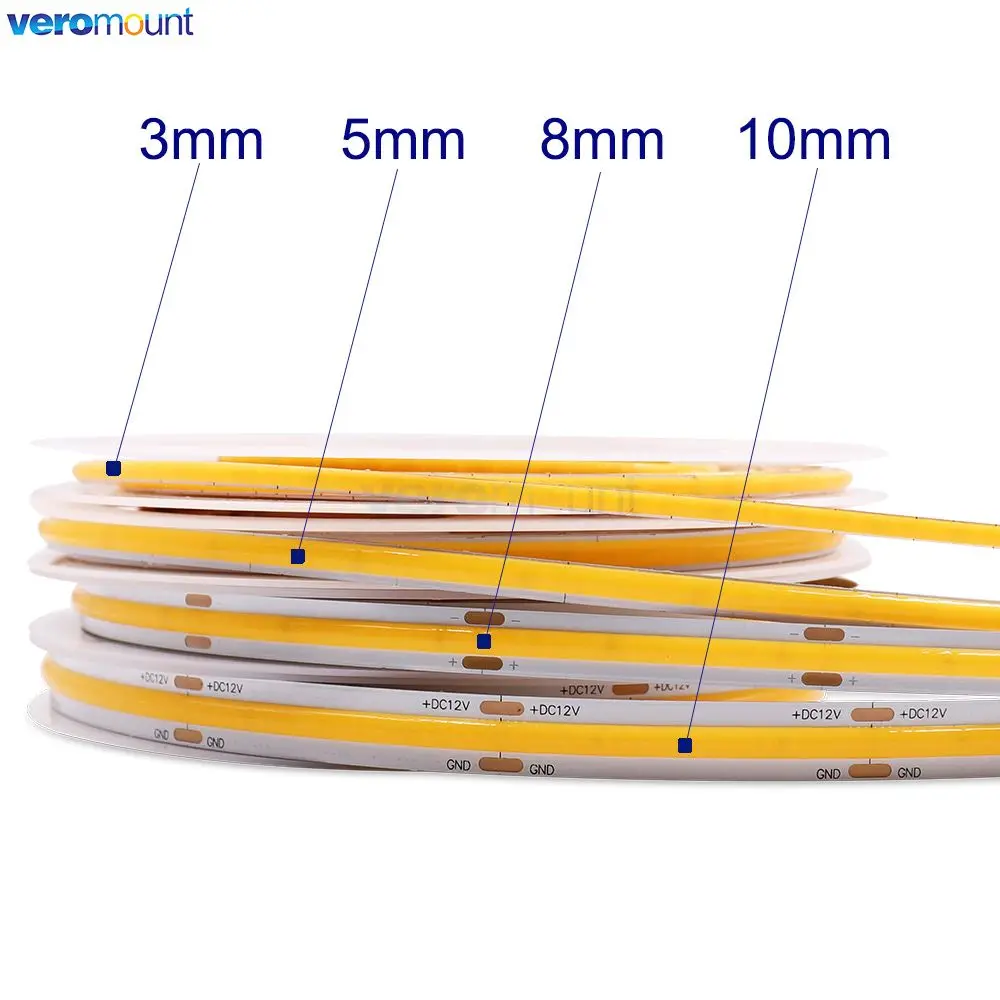 Bande Lumineuse Flexible à Haute Luminosité, 5m, 12V, 24V, DC, FOB, COB, 3mm, 5mm, 8mm, 10mm de Largeur, PCB, 320, 384, 480, 528, gible/m, IP20