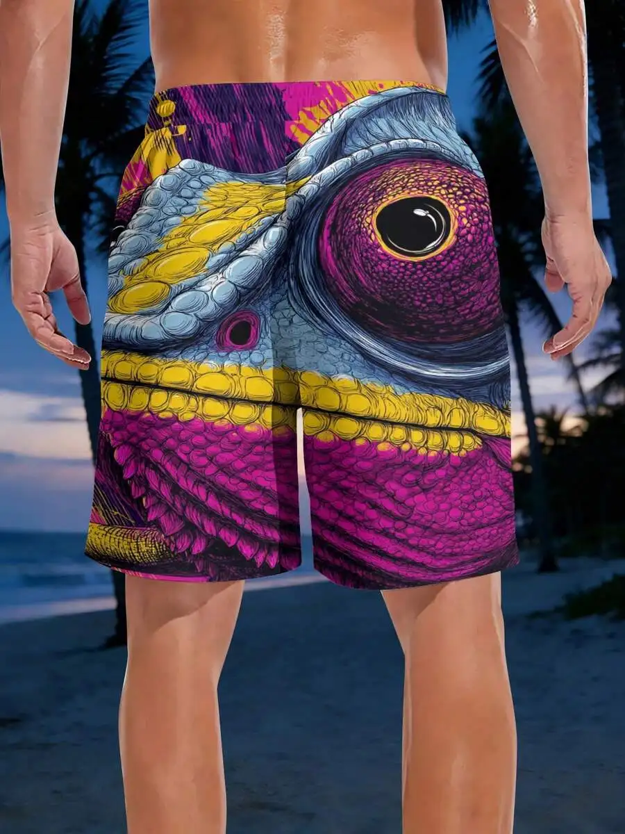 

Mens Colorful Chameleon Print Beach Shorts Summer Vacation Swim Trunks