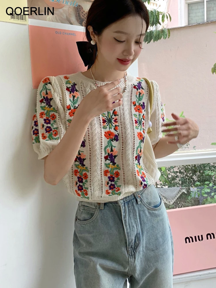 QOERLIN Embroidered Floral Pullovers Women O-Neck Short Sleeve Loose Summer Elegant Knitwear 2023 New Vintage Hollow Out Soft