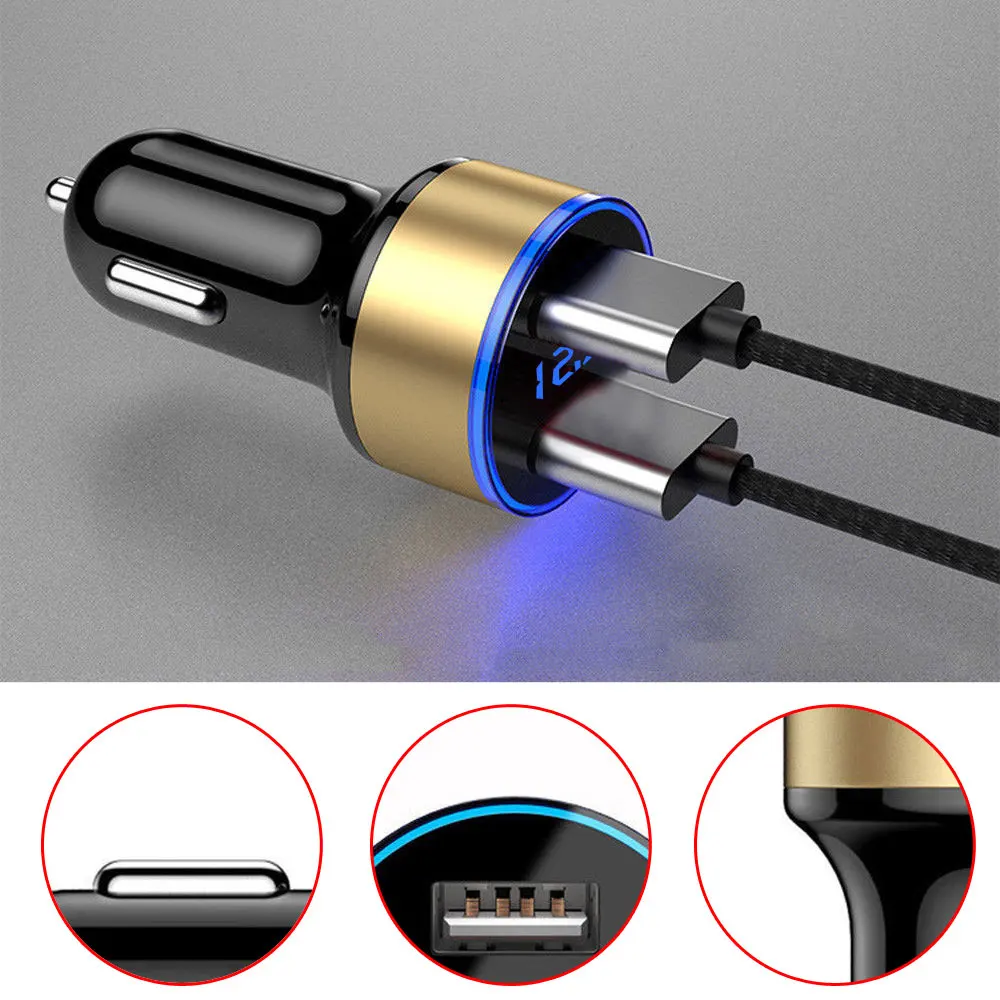 Car Charger Dual USB QC Adapter Cigarette Lighter 5V 3.1A LED Voltmeter for All Types of Mobile Cell Phones Quick Charge