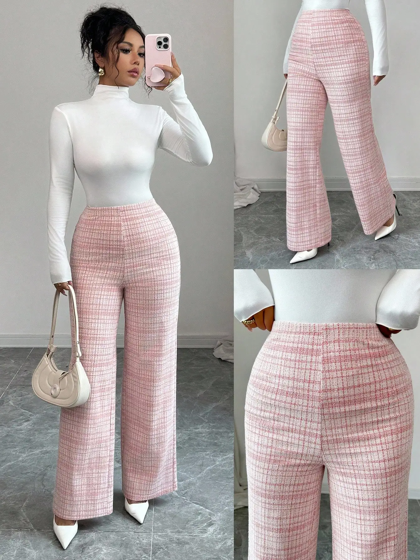 Calças de pernas largas de cintura alta de tweed elástico xadrez rosa para mulheres, roupas casuais de escritório de outono