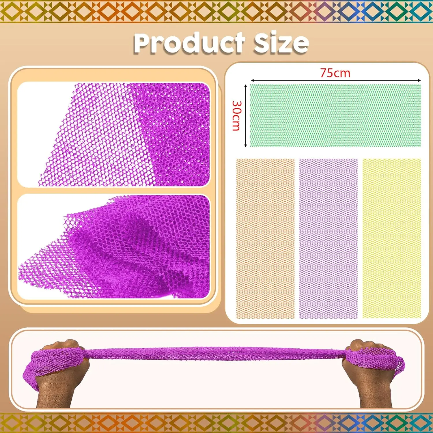 African Bath Sponge 4 Pieces - Net Exfoliator for Glowing Skin, Long-Lasting Nylon Mesh Scrubber, Gentle Enough for Daily Use (Yellow, Purple, Orange, Green) view 7