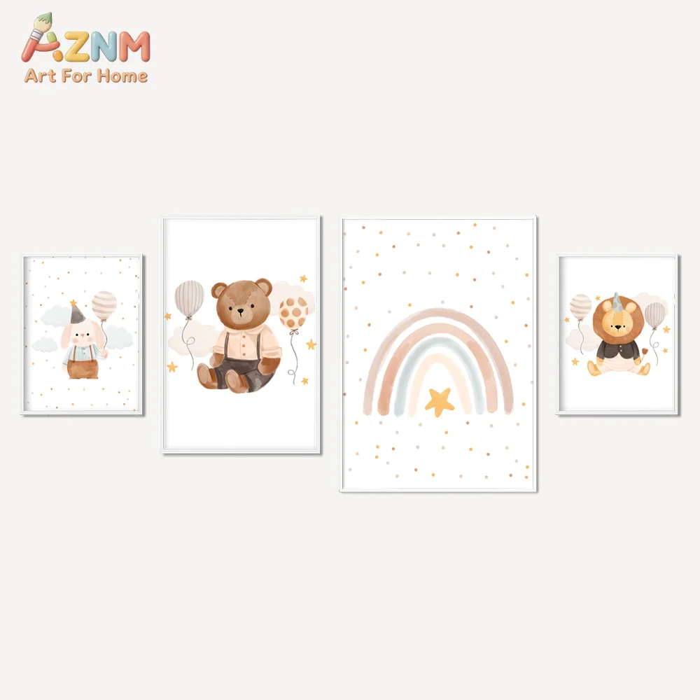 AZNM Unframed Canvas Print Watercolor Bear Lion Rabbit Rainbow Wall Art Kids Nursery Home Decor Poster