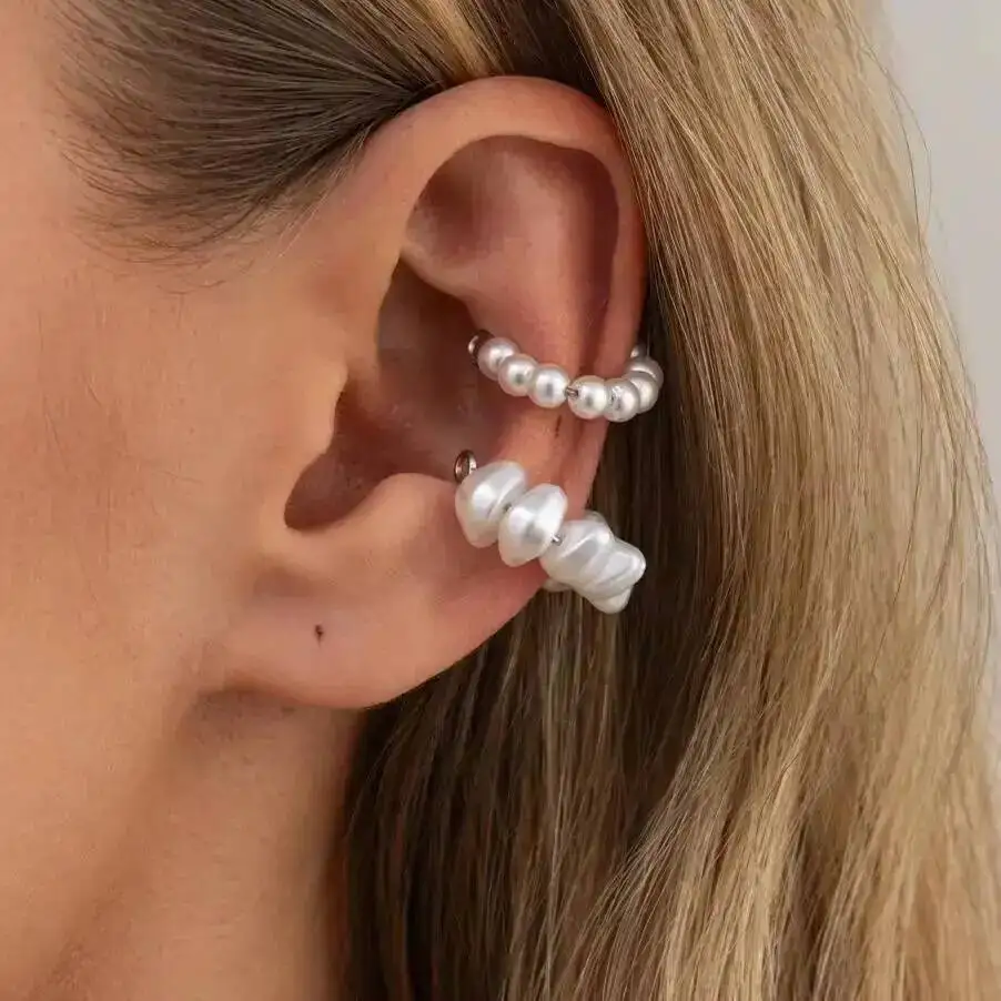 IngeSight.Z 2 Pcs/Set Elegant Romantic Imitation Pearl C-Shape Clip Earrings for Women Trendy Non Piercing Ear Cuff Jewelry Lady