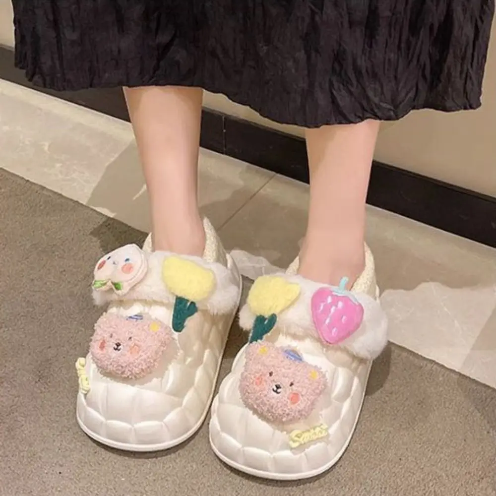 Casual Bear Flower Plush Outerwear Shoes Peach Strawberry Fluffy Soft Plush Slippers Thick Home Shoes Fleece Slippers Women Home