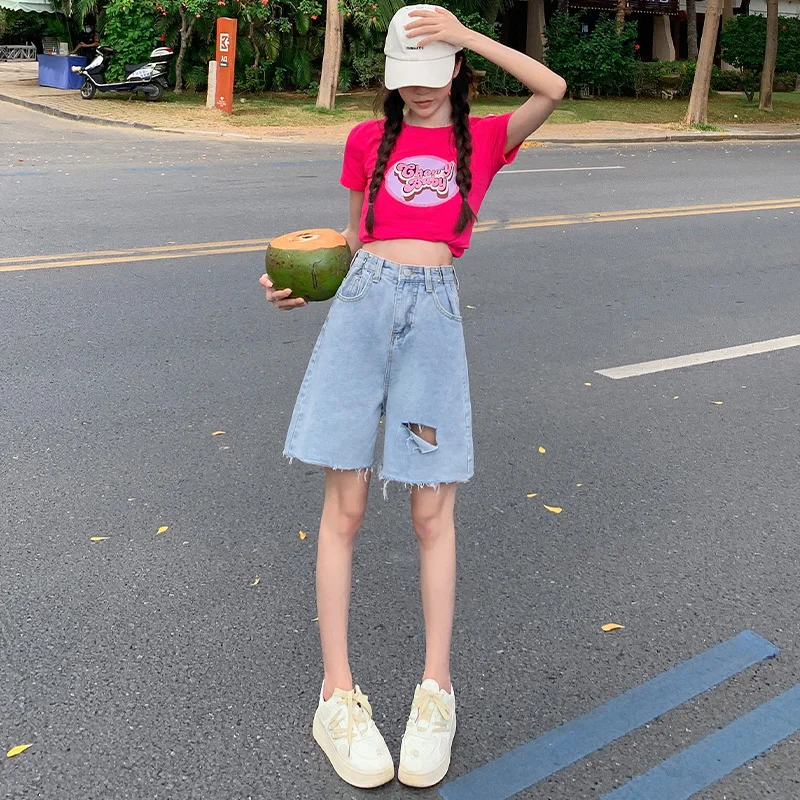 

Джинсовые брюки с высокой талией, женские летние свободные утягивающие широкие брюки с 5 точками, большие размеры, толстые мм, дизайнерские брюки с пятью точками средней длины