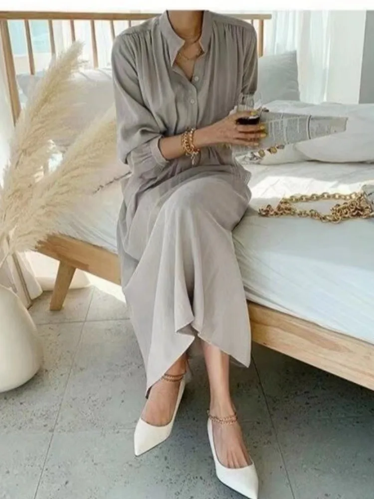 벨트와 케츠가 있는 한국 슬레 시크 순색 실크 드레스 여성용 패셔너블 심플 드레스 봄 가을용