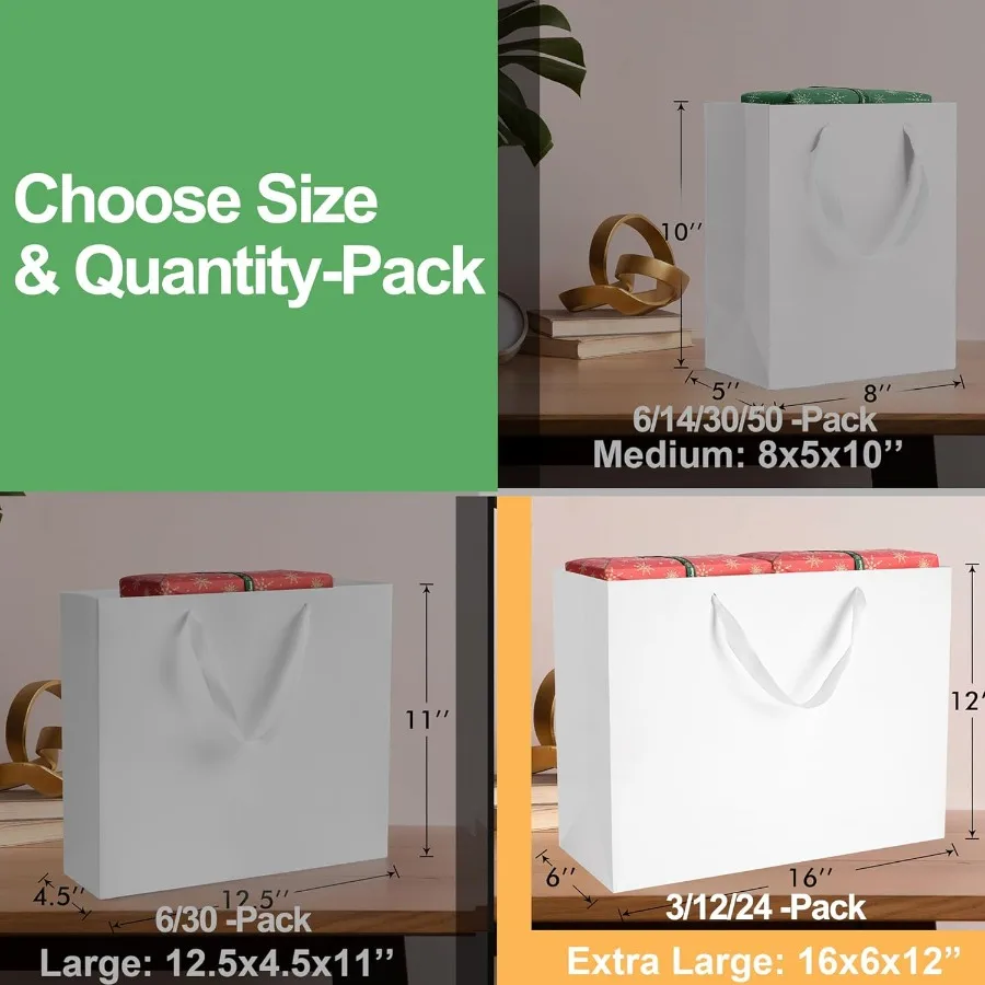 Extra große weiße Geschenktüten mit Griffen, 40,6 x 30,5 cm, 3 Stück, große Geschenktüten aus Papier, ideal für Partydekorationen, Einkaufen, Spree Birt