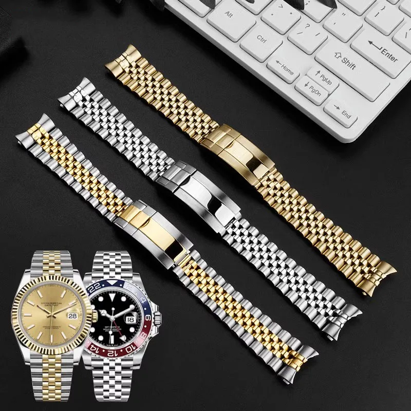 Solid Steel Arc Watchband For Rolex Oyster Type Constant Motion Stainless Steel Strap Men\'s Women\'s Watch Chain 20mm bracelet