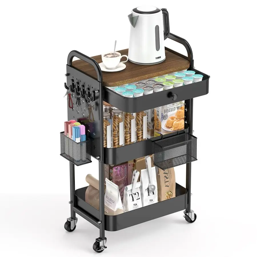

Тележка на колесах с выдвижным ящиком и деревянной столешницей, 3-ярусная металлическая тележка-органайзер на колесах с перфорированными панелями для самостоятельной сборки, подвесными корзинами, H