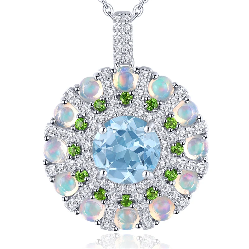 

Natural Blue Topaz Silver Pendants 3.8 Carats Genuine Multicolor Gemstones Opal Diopside Women S925 Fine Jewelrys Top Quality