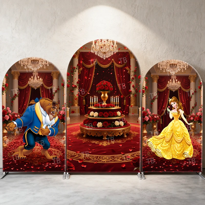 

Beauty and The Beast Arch Backdrop Cover Disney Princess Belle Rose Ballroom Photograph Background Birthday Party Event Decor