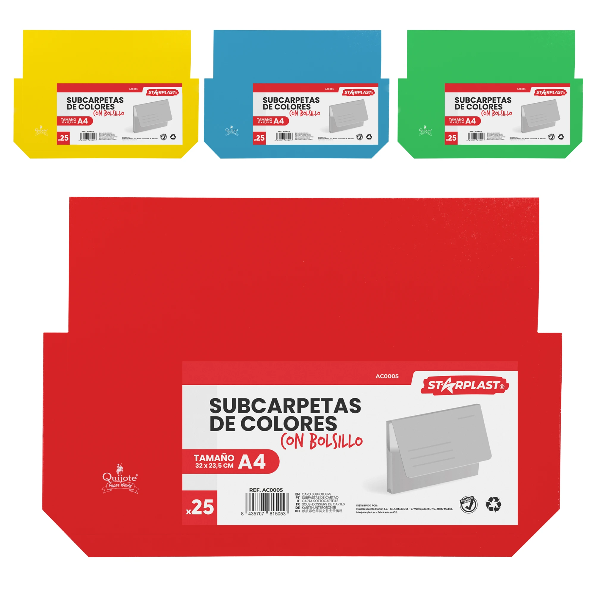 Quijote Paper World 16 Subcarpetas Cartulina 240gr/m2 colores básicos con bolsillo tamaño A4, 32 x 23,5 x 3 cm, para oficina, escolar, guardar archivos, almacenaje, azul, amarillo, rojo y verde, sobre
