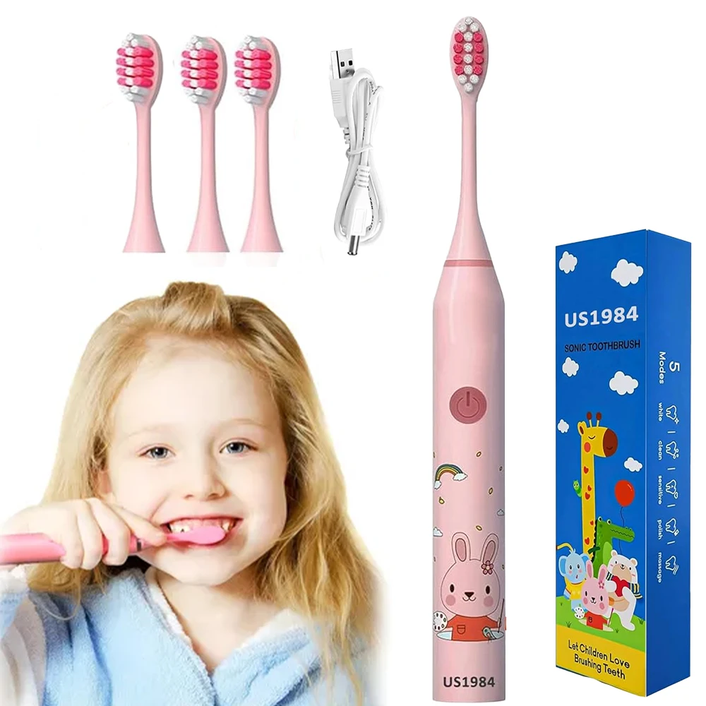 Escova de Dentes Elétrica para Crianças com 4 Cabeças Recarregáveis, Presente Prático para Pais e Cuidados Diários Saudáveis
