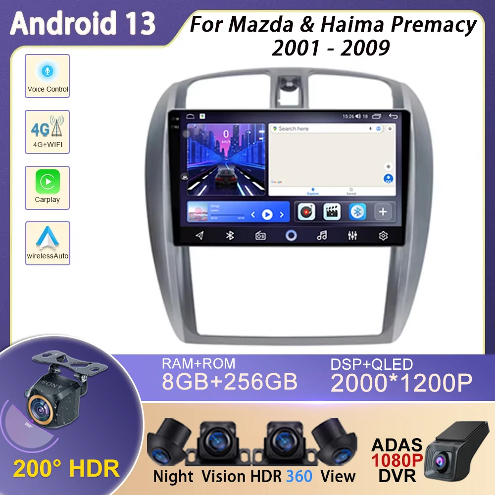 Android For Mazda & Haima Premacy 2001 - 2009 Navigation GPS Autoradio Touchscreen Car Radio Audio Cam WIFI QLED 5G Stereo Head