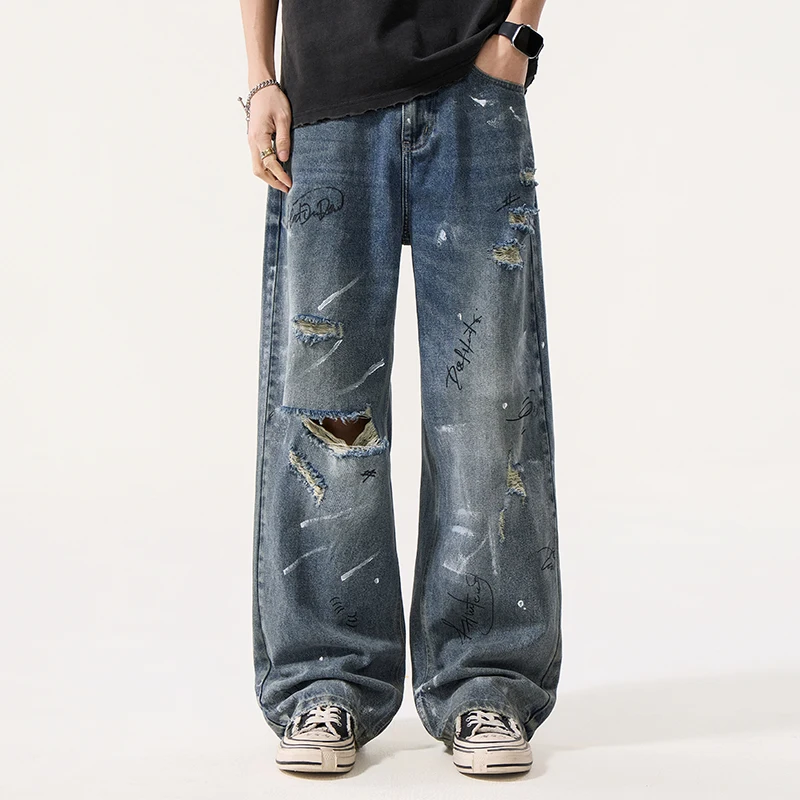 

Мужские джинсы в американском стиле с рваными элементами и граффити, новые, свободные, прямые, широкие, из денима, повседневные, длинные брюки в уличном стиле