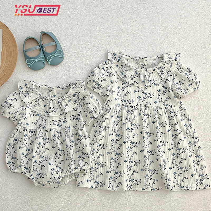 

Sister Girls Summer Clothes Summer Baby Girl Sister Matching Outfits Romper Dress Flower Print Ruffled Collar Puff Sleeve Dress