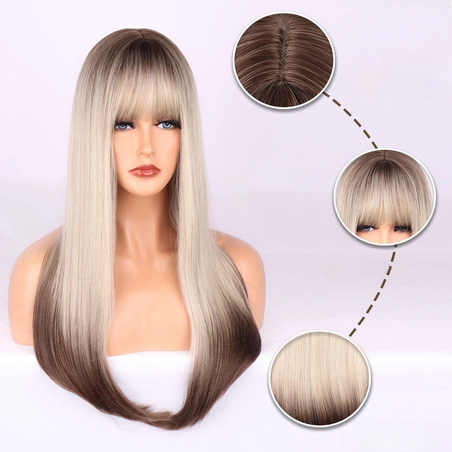 

European and American style Qi bangs long hair gradual change brown straight hair wig headgear