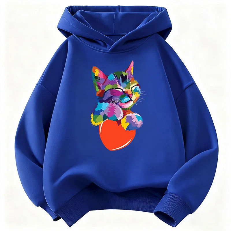 Langärmliges, farbenfrohes Katzen-Sweatshirt mit Liebesmotiv für Kinder, niedlicher Kapuzenpullover für Jungen und Mädchen, lässige Hoodies