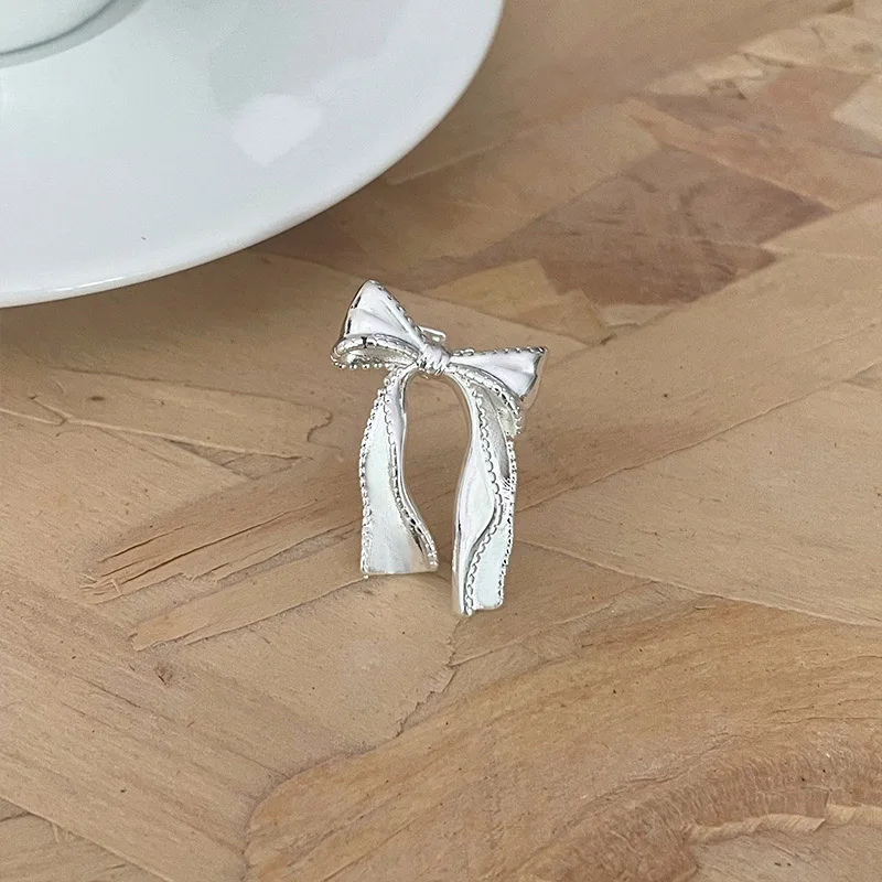 Foxanry 여성용 실버 컬러 긴 나비 매듭 반지, 한국 패션, 달콤하고 우아함, 과장된 클래식 약혼 주얼리 선물