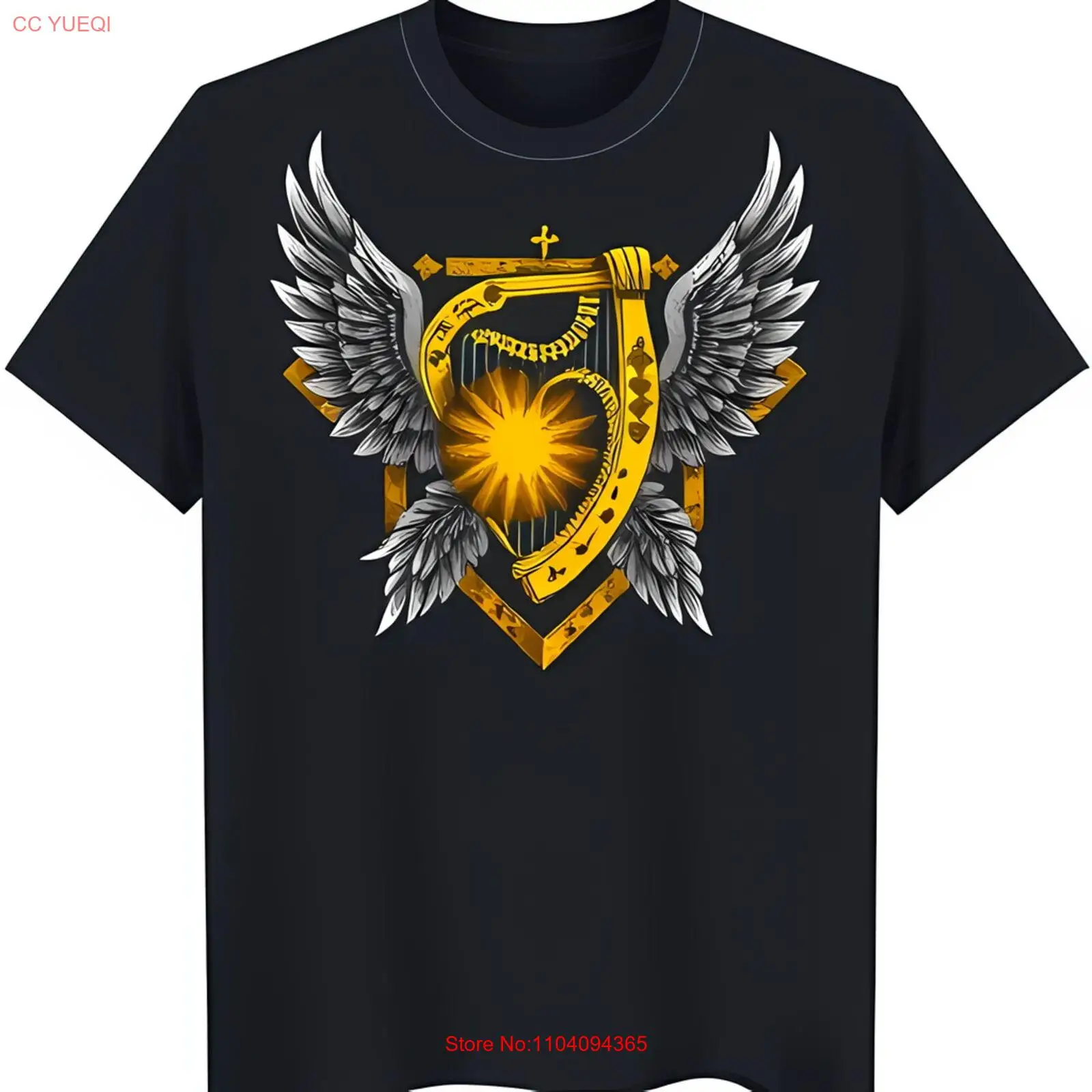 Heart Shaped Golden Harp with Wings & Sun Graphic Black T-Shirt