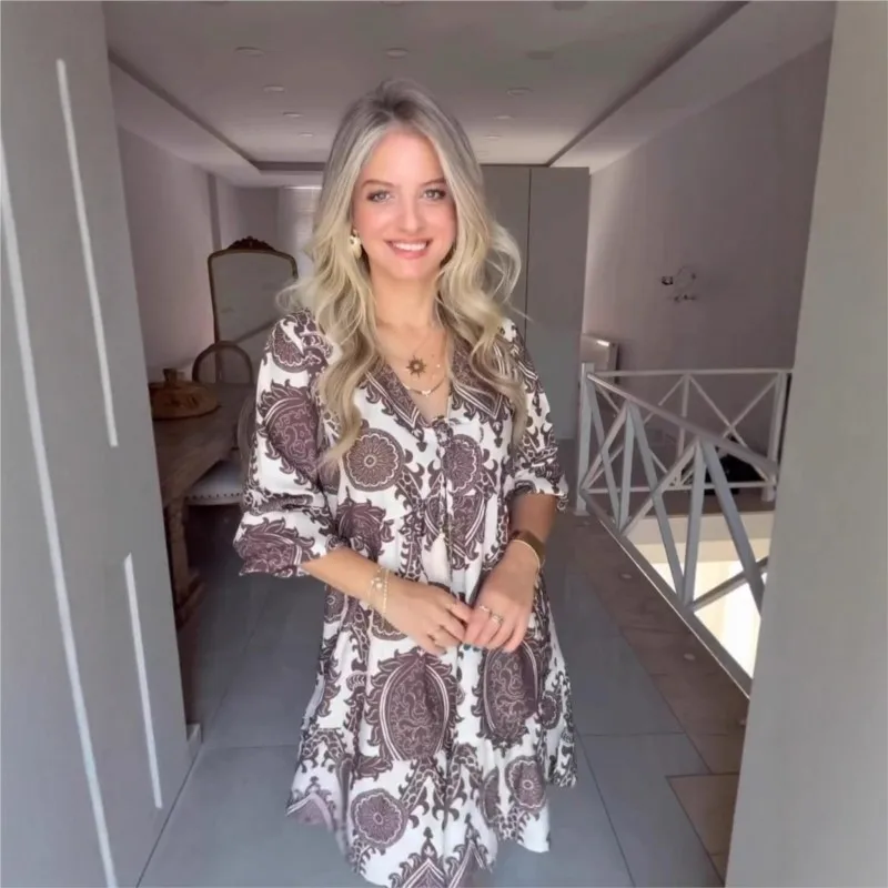 Elegante abito Boho a trapezio stampato retrò Donna Autunno scollo a V Tie-up Nappa Abiti da festa Autunno Elegante mini abito a maniche lunghe