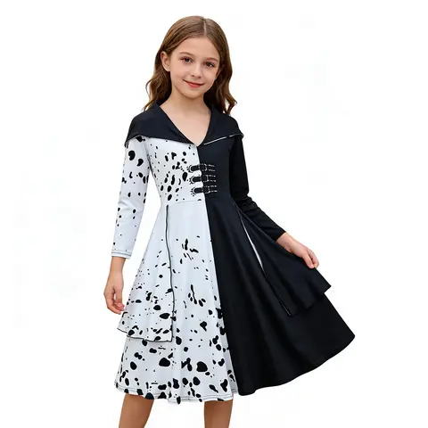 Cruella De Vil Cosplay Dress for Kids Girls 101 Dalmatians Costume Halloween Party Fancy Dress Up Outfit