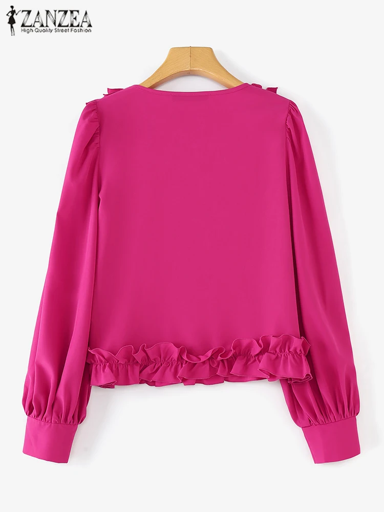 ZANZEA 2024 Vintage Shirts Women American Fashion Tops Casual Loose Solid V-neck Blouse Chic Lantern Long Sleeve Ruffles Tunic