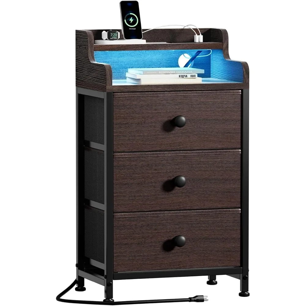 

Nightstand with Charging Station and LED Light, Tall Brown Night Stand with 3 Drawers and 2-Tier Shelf, With Sturdy Steel