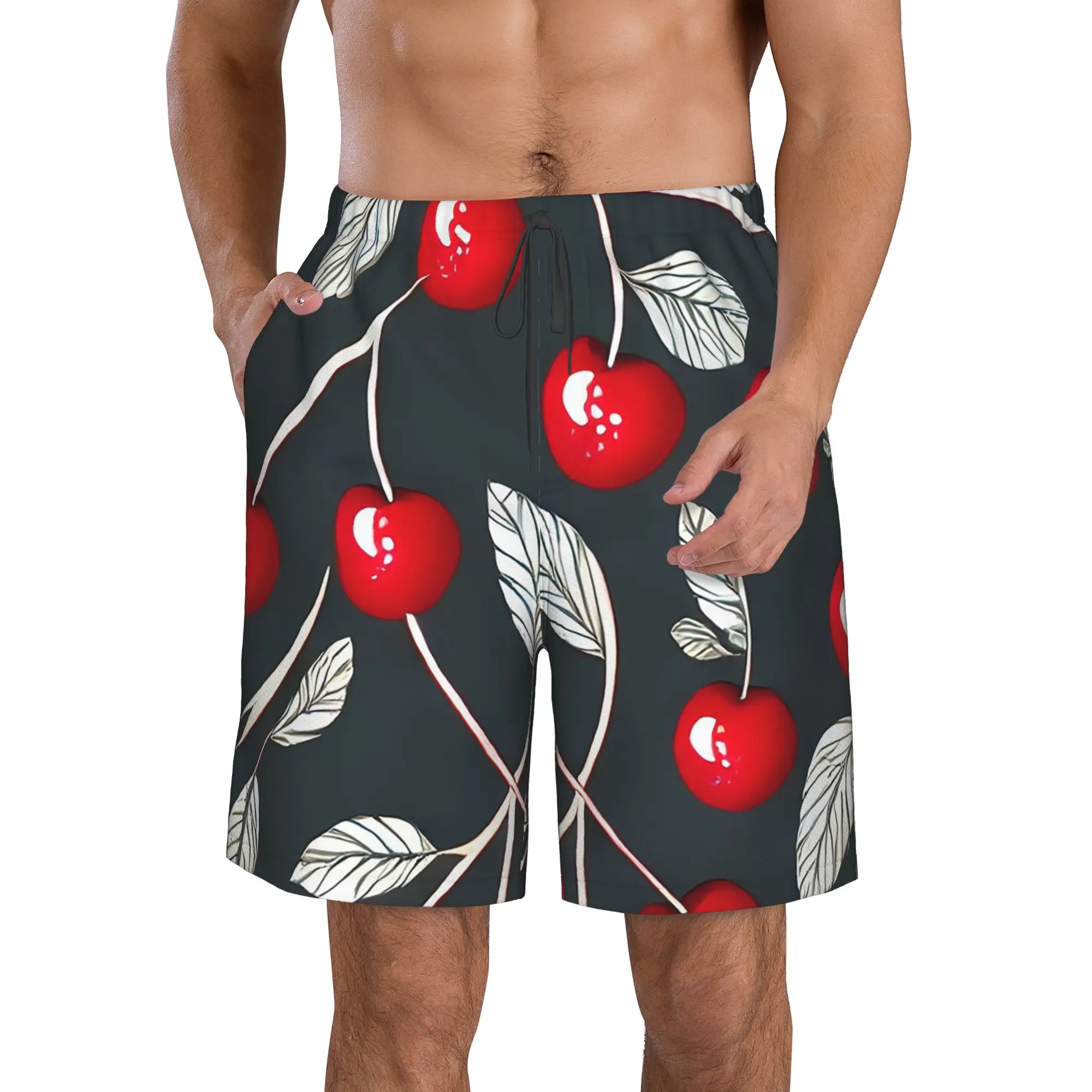 Fresh Red Cherry Pattern In Dark Trunks Beach Board Shorts Casual Quick Dry Swimming Summer Men Pants